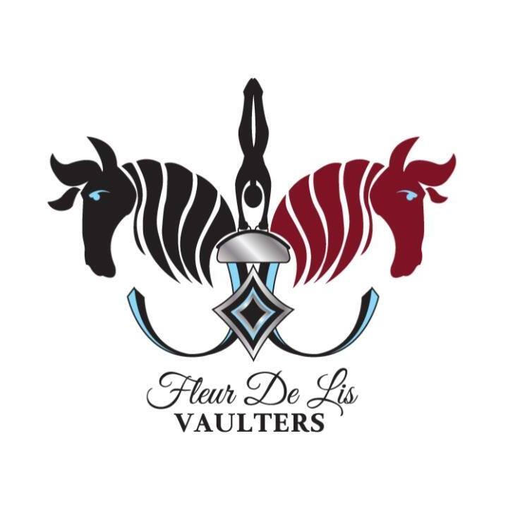 Fleur De Lis Vaulters logo with a black horse on the left, a red horse on the right, and a vaulter doing a hand stand in middle.